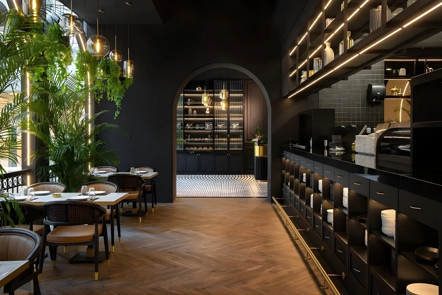 Al Beiruti restaurant with timber shelving and lush plants
