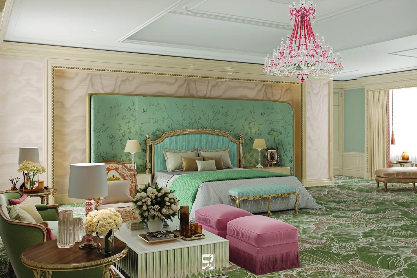 Palace bedroom with classical detailing and ornamental chandeliers